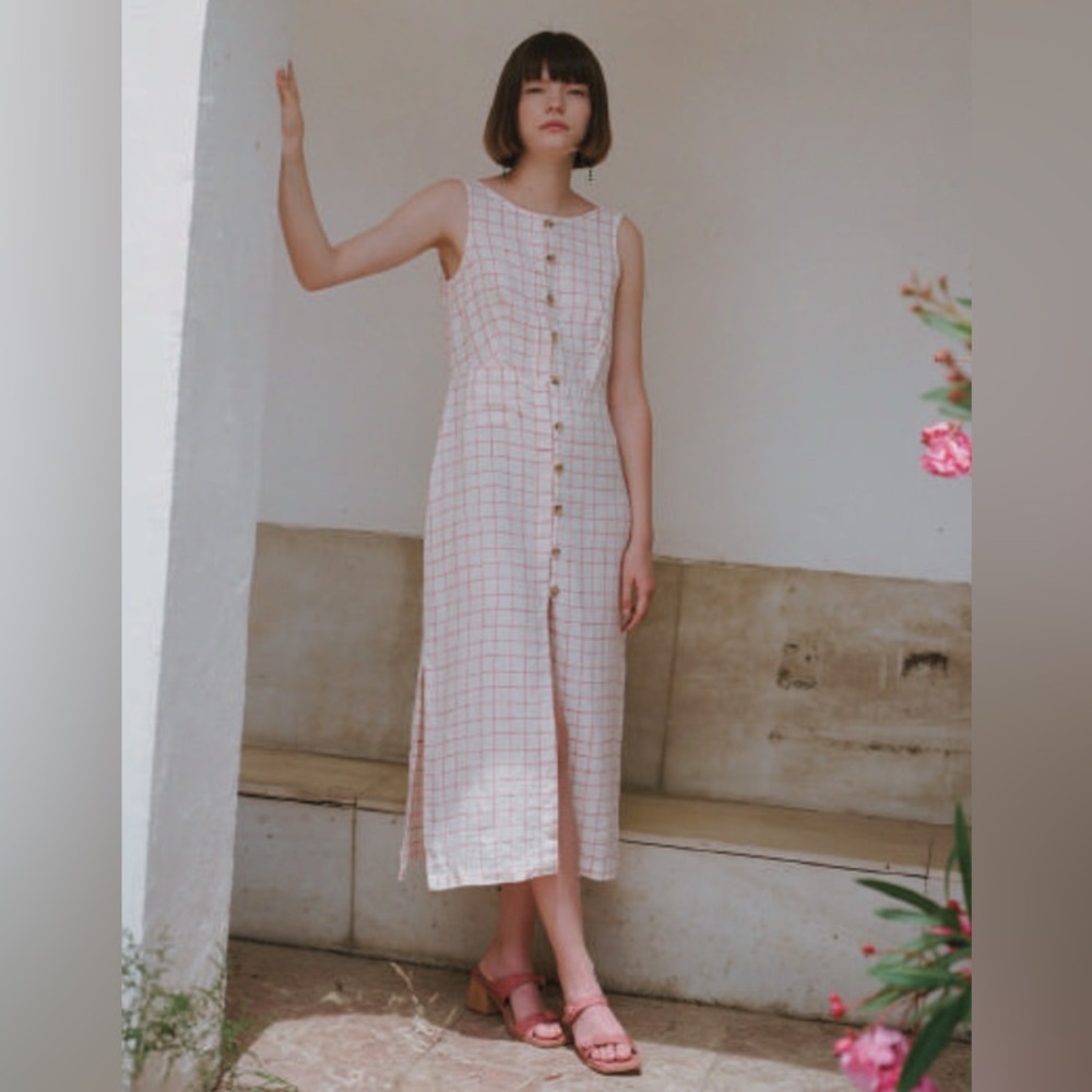 Paloma Wool Galatea 100% Linen Checkered Sleeveless Midi Dress Size UK 40 /US 6